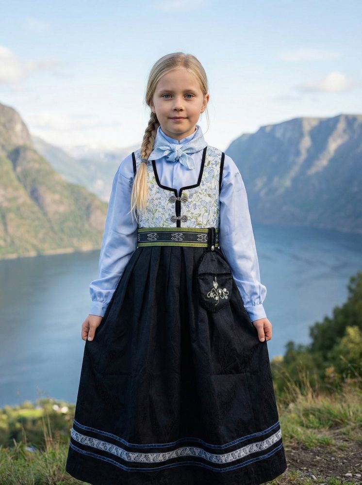 Festdrakt Botanic til jente med blåmønstret vest og blå skjorte